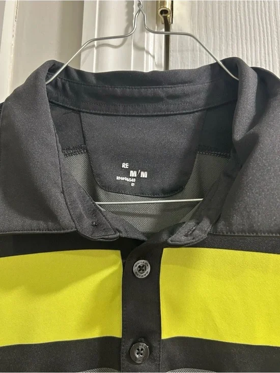 Oakley Polo Shirt Men M Black Yellow Striped Golf - Picture 4 of 6